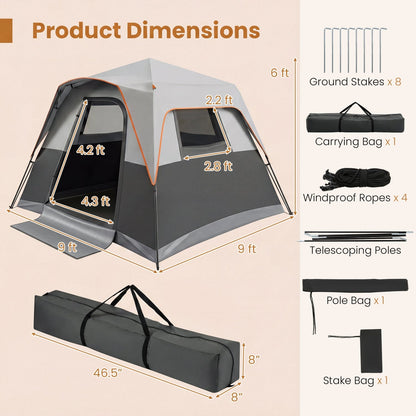 6-Person Instant Cabin Tent | Blackout Rainfly | 3000mm+ Waterproof | UPF 50+ | Gray or Orange