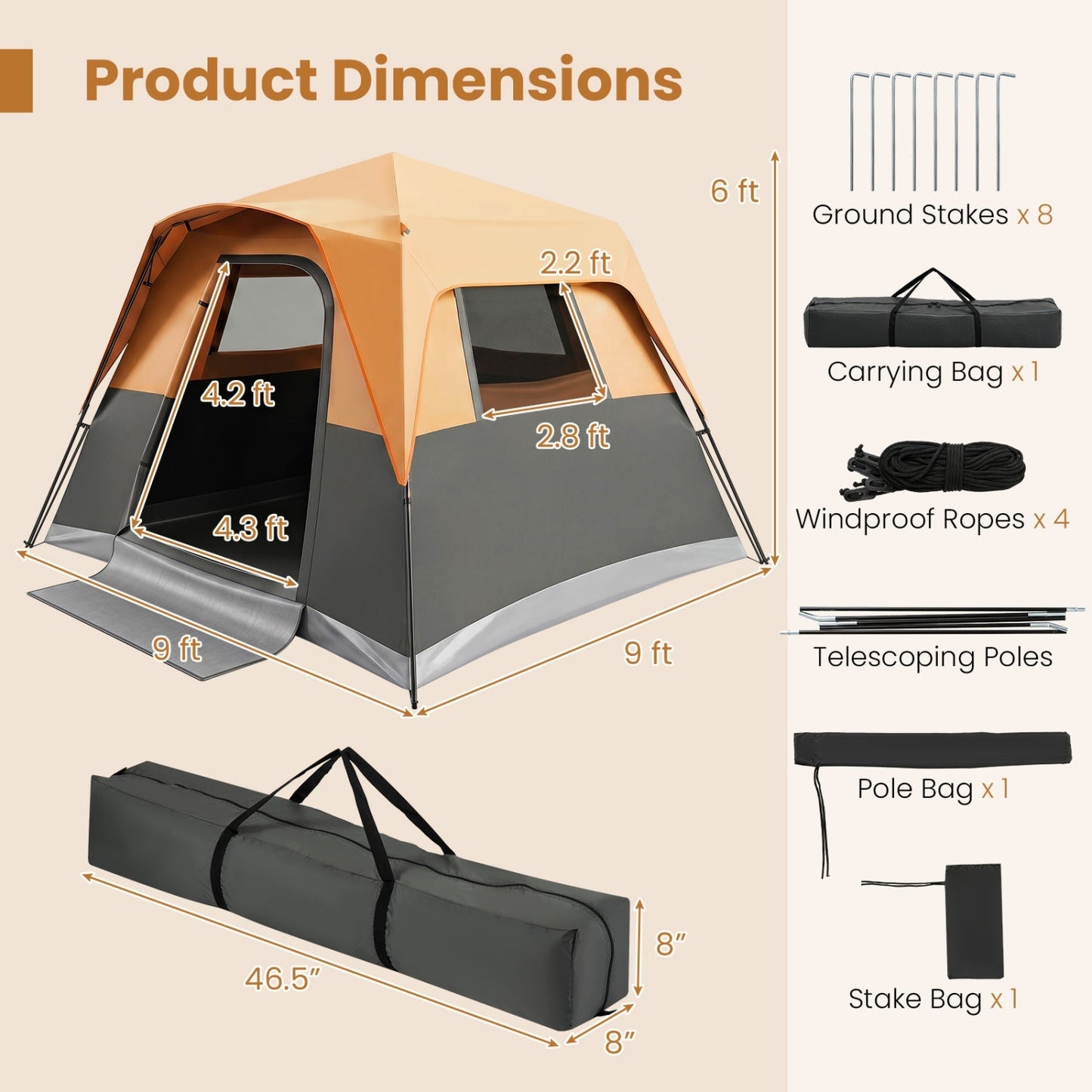 6-Person Instant Cabin Tent | Blackout Rainfly | 3000mm+ Waterproof | UPF 50+ | Gray or Orange