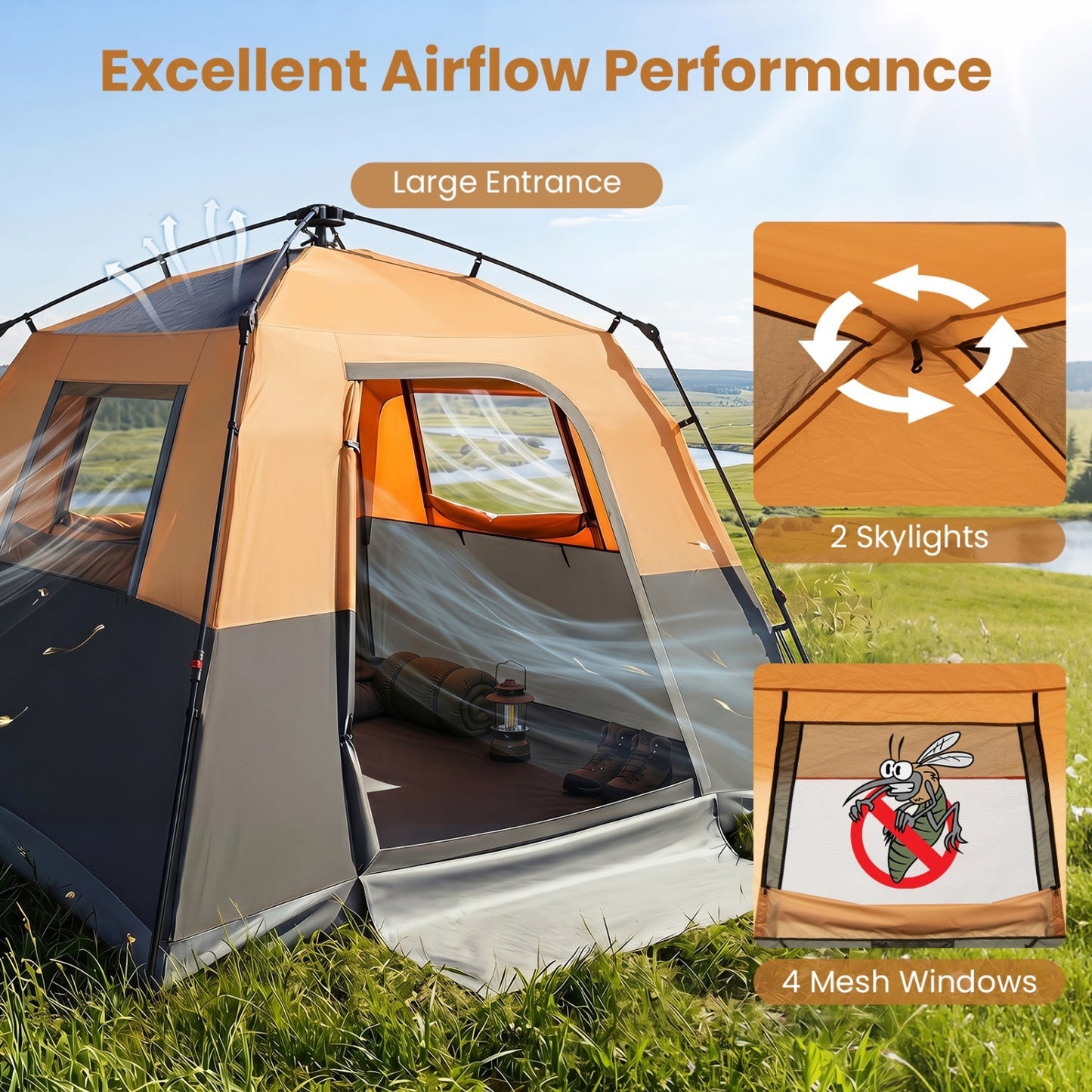 6-Person Instant Cabin Tent | Blackout Rainfly | 3000mm+ Waterproof | UPF 50+ | Gray or Orange