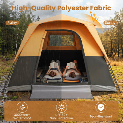 6-Person Instant Cabin Tent | Blackout Rainfly | 3000mm+ Waterproof | UPF 50+ | Gray or Orange