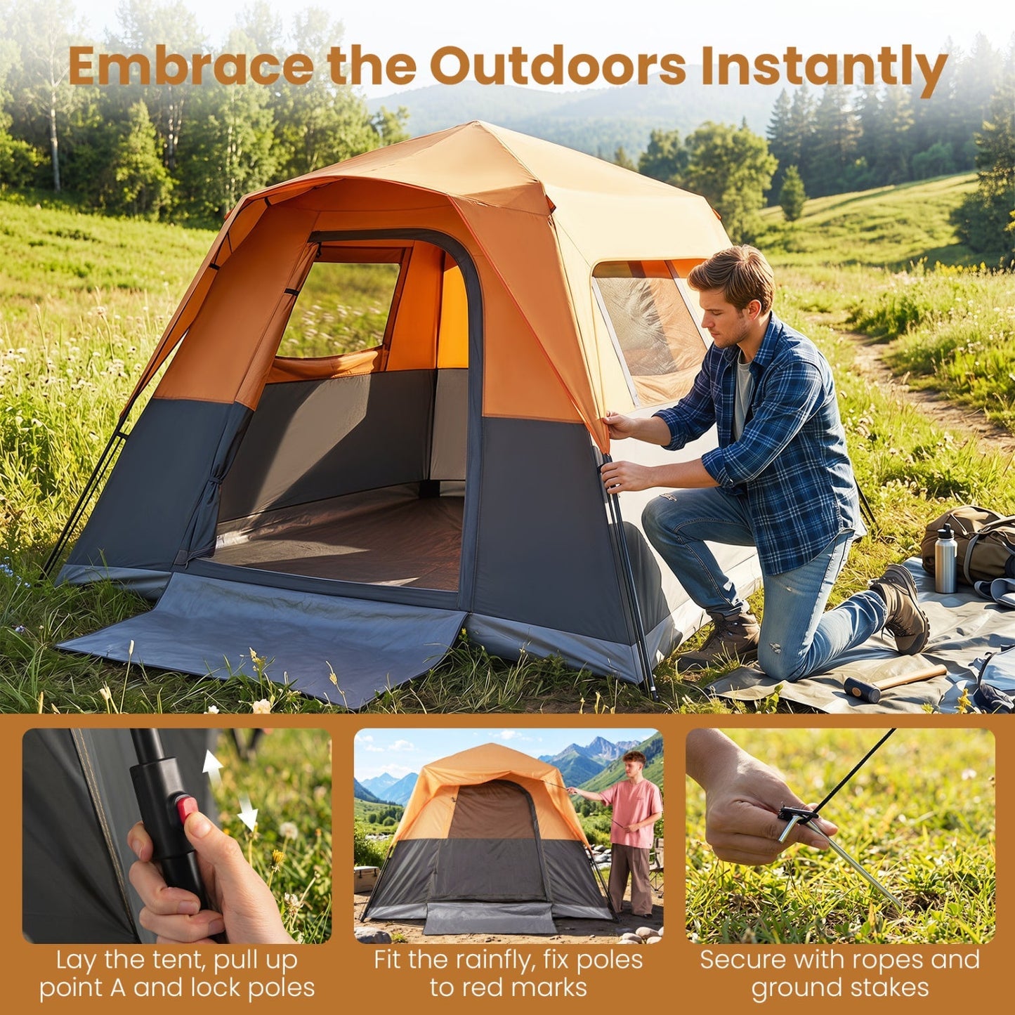 6-Person Instant Cabin Tent | Blackout Rainfly | 3000mm+ Waterproof | UPF 50+ | Gray or Orange