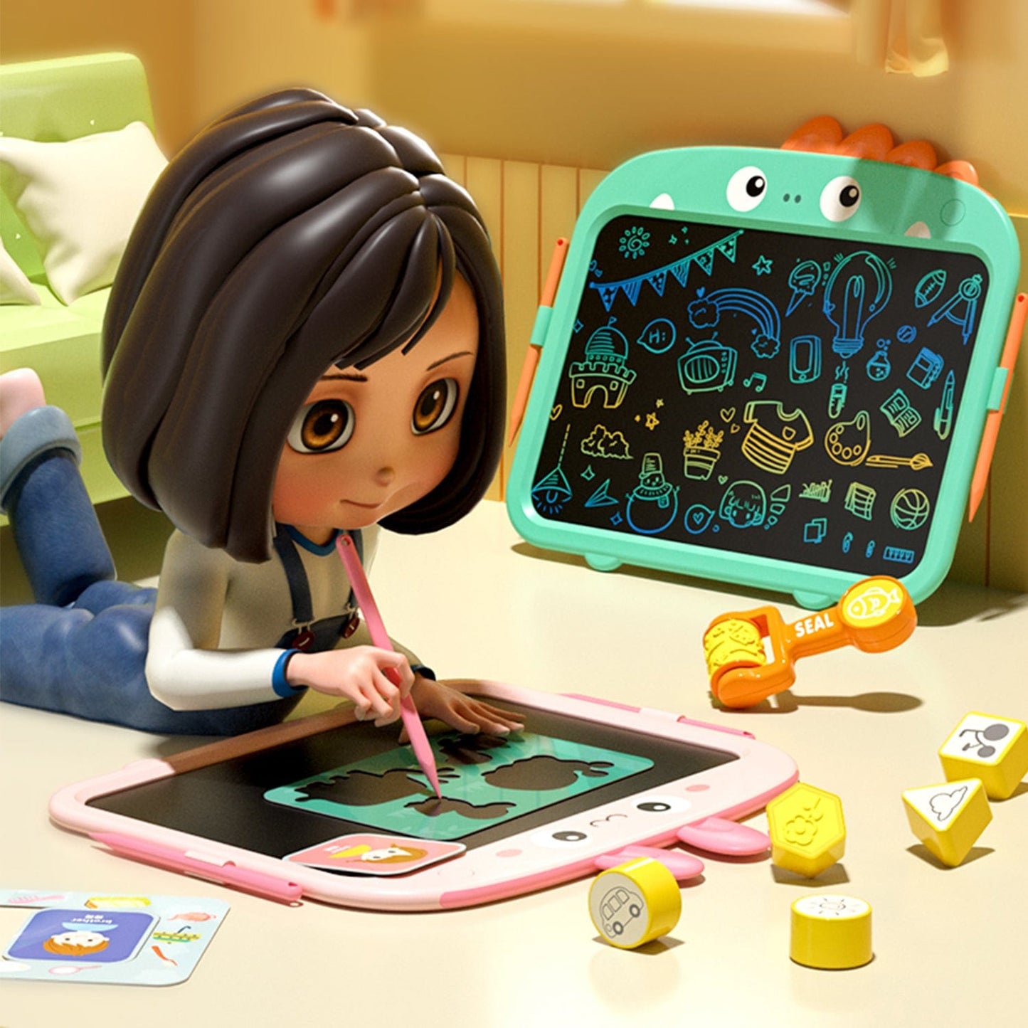 Kids LCD Writing Tablet 13.5" | Large Color Display | One-Click Erase | Waterproof | Teal, Yellow or Pink