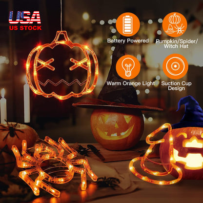 LJG 3 Pack Halloween LED Window Lights - Spider Witch Pumpkin