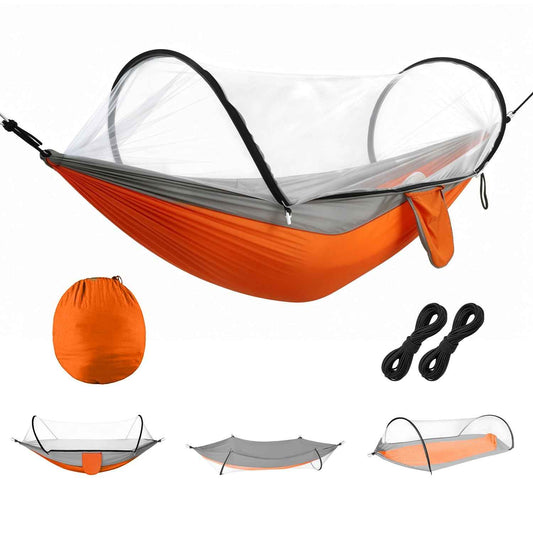 Orange camping hammock with mosquito net, gray trim, plus carry bag and black ropes