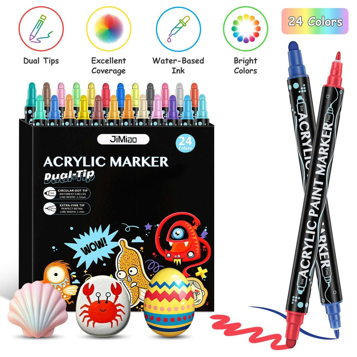 Acrylic paint marker set with dual tips, 24 colors, two markers shown