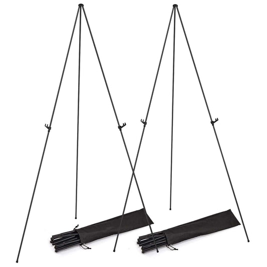Set of two black collapsible A-frame easel stands with support arms and legs
