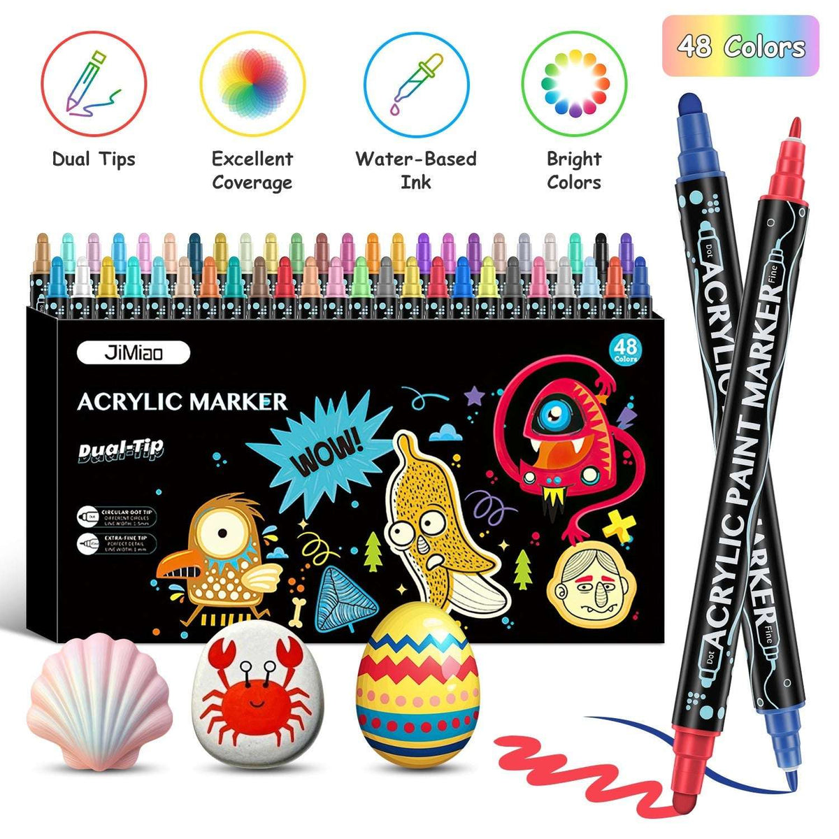 48-color dual-tip acrylic paint marker set box with two markers in black and red.