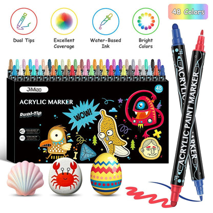 48-color dual-tip acrylic paint marker set box with two markers in black and red.
