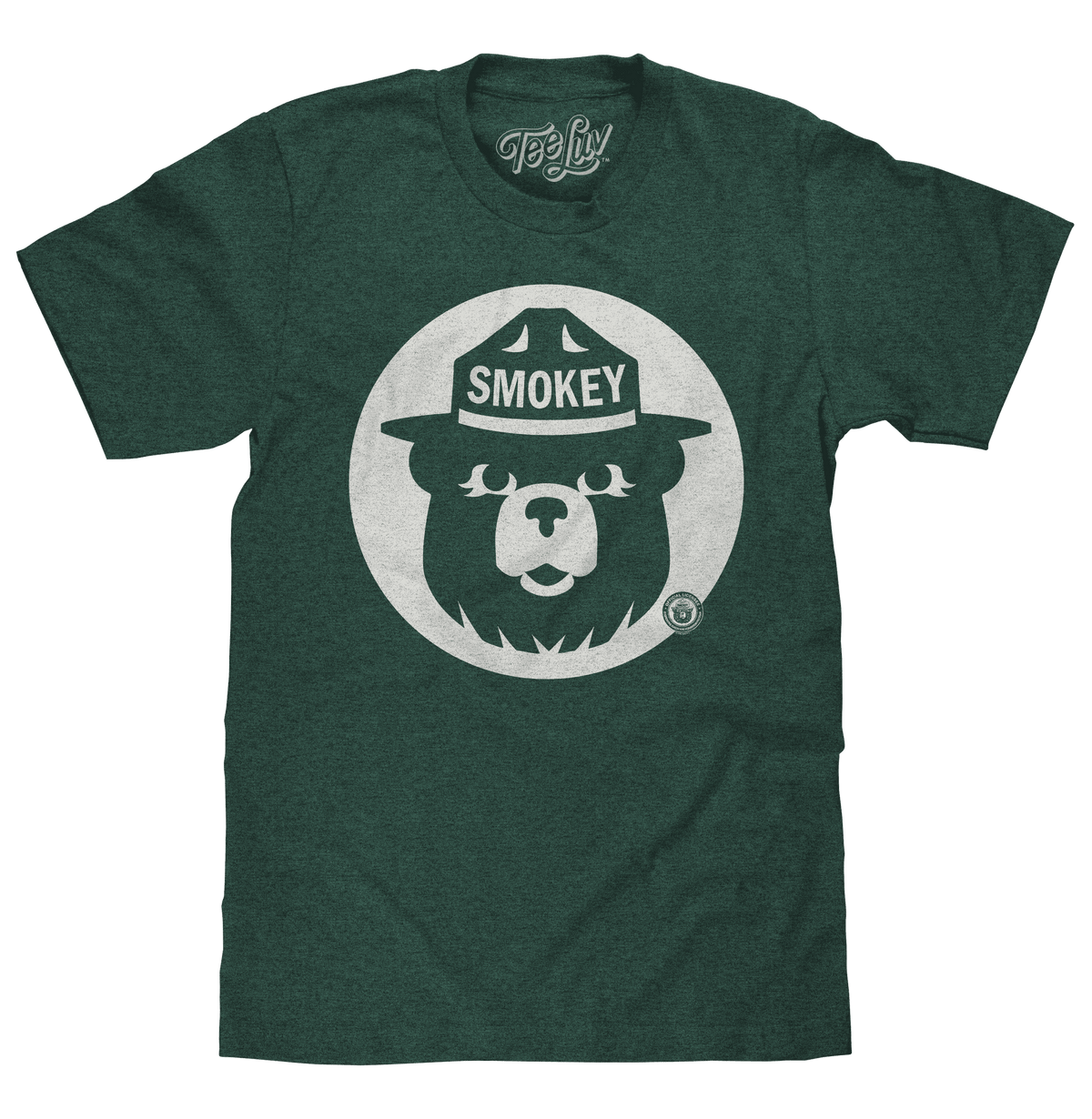 Forest green graphic T-shirt with large circular Smokey Bear mascot print