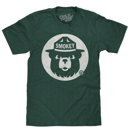 Forest green graphic T-shirt with large circular Smokey Bear mascot print
