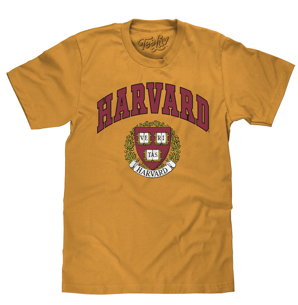Mustard yellow T-shirt with Harvard shield and wordmark print, crew neck