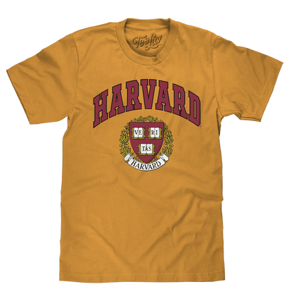 Mustard yellow T-shirt with Harvard shield and wordmark print, crew neck