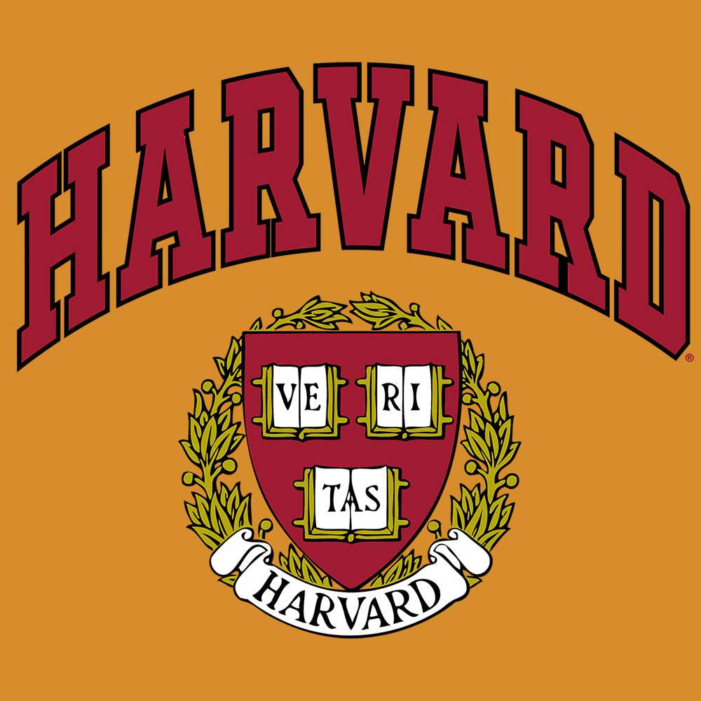Close-up of Harvard wordmark and crest graphic on mustard T-shirt