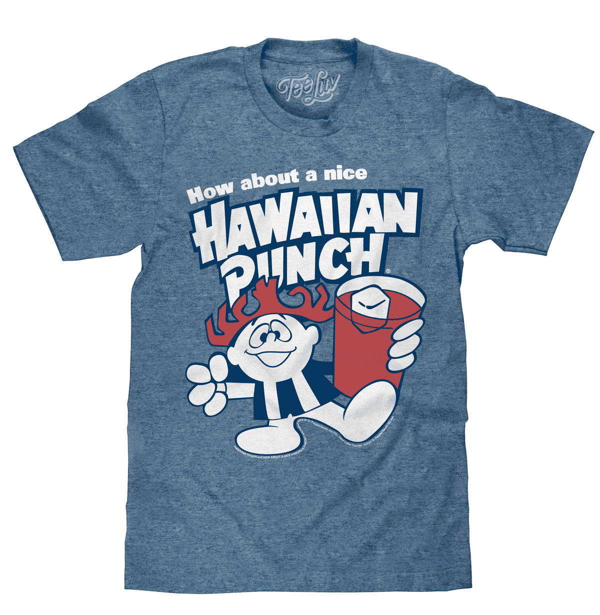 Cabo blue retro T-shirt with large “Hawaiian Punch” cartoon graphic on front