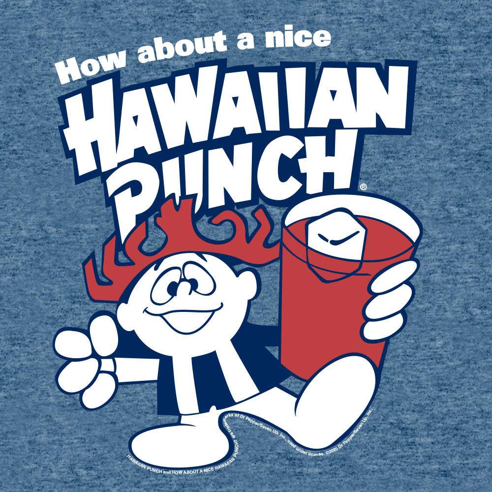 Cabo blue T-shirt front close-up with “Hawaiian Punch” text and cartoon characters