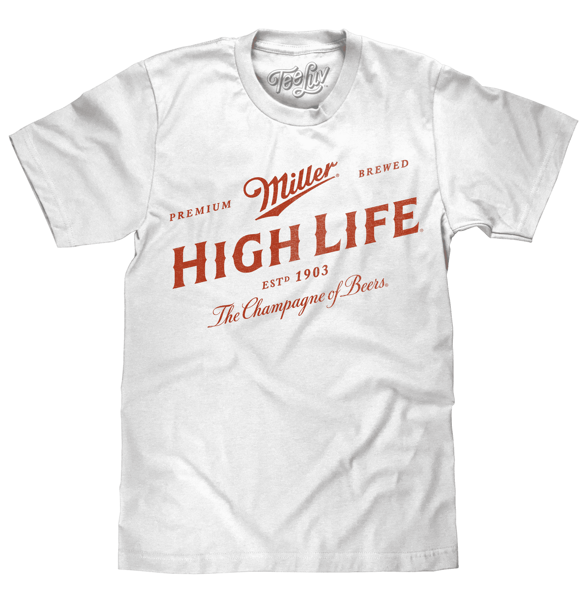 White crew-neck graphic T-shirt with Miller High Life text and logo