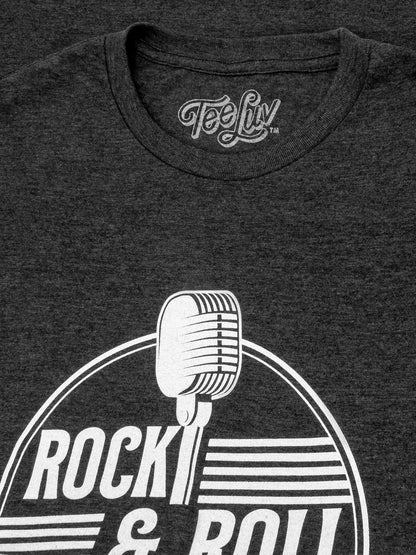 Rock and Roll Hall of Fame T-shirt, heather gray, crew neck and large logo print closeup