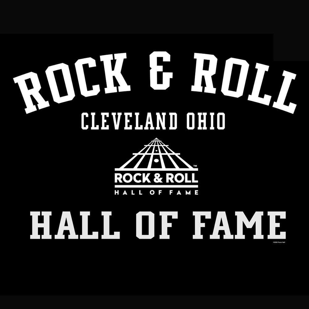 Black graphic T-shirt front close-up: ROCK & ROLL CLEVELAND OHIO Hall of Fame