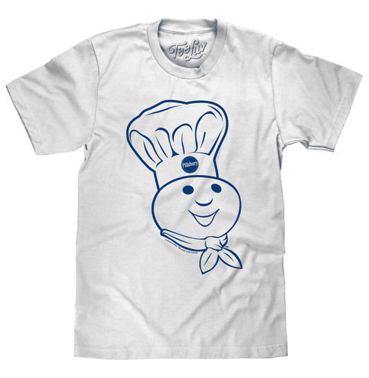 White T-shirt with blue chef-and-bunny graphic print on the front