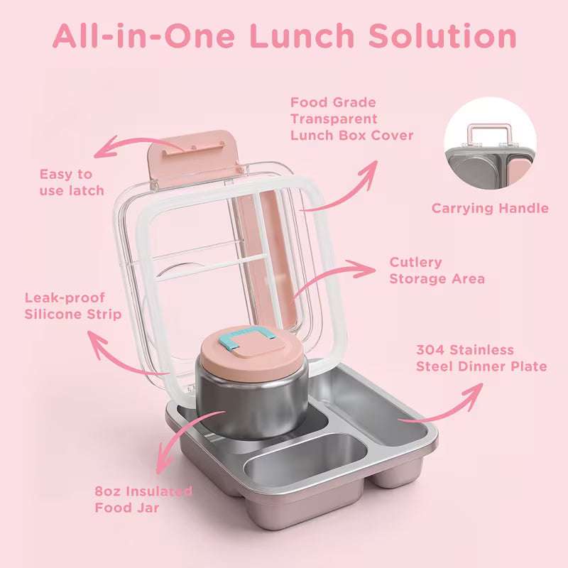 Stainless steel insulated food jar paired with lunch box lid and carrying handle