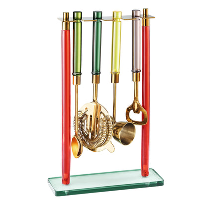 5-Piece Gold Bartender Kit with Stand | Colorful Resin Handles | Gold-Finished Steel | Gift-Ready