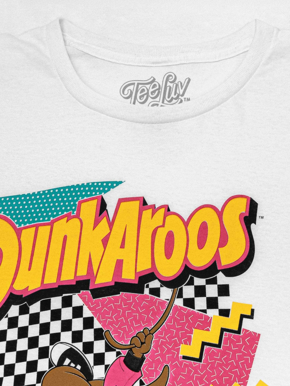 White crewneck T-shirt close-up of colorful Dunkaroos graphic and checker background