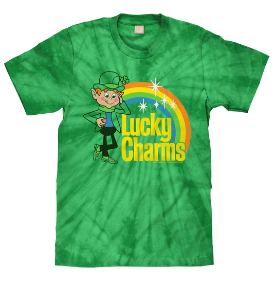 Kelly green tie-dye graphic T-shirt with leprechaun and rainbow Lucky Charms front