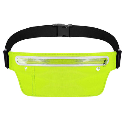Neon green running waist pack with black adjustable belt and front zipper pocket