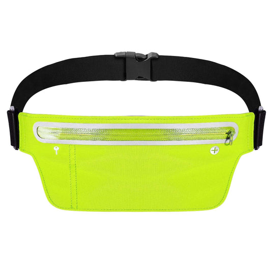 Neon green running waist pack with black adjustable belt and front zipper pocket