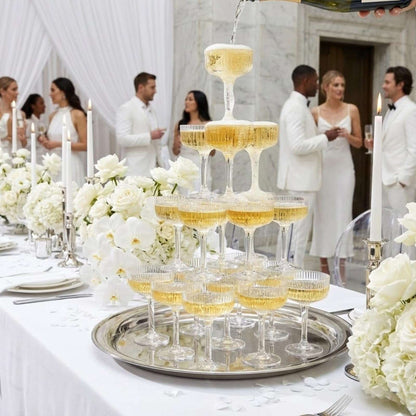 Wedding-style table setup featuring a stackable clear acrylic champagne tower with gold drink