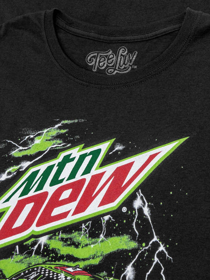 Black T-shirt close-up of MtN Dew logo with racing graphic and sparks