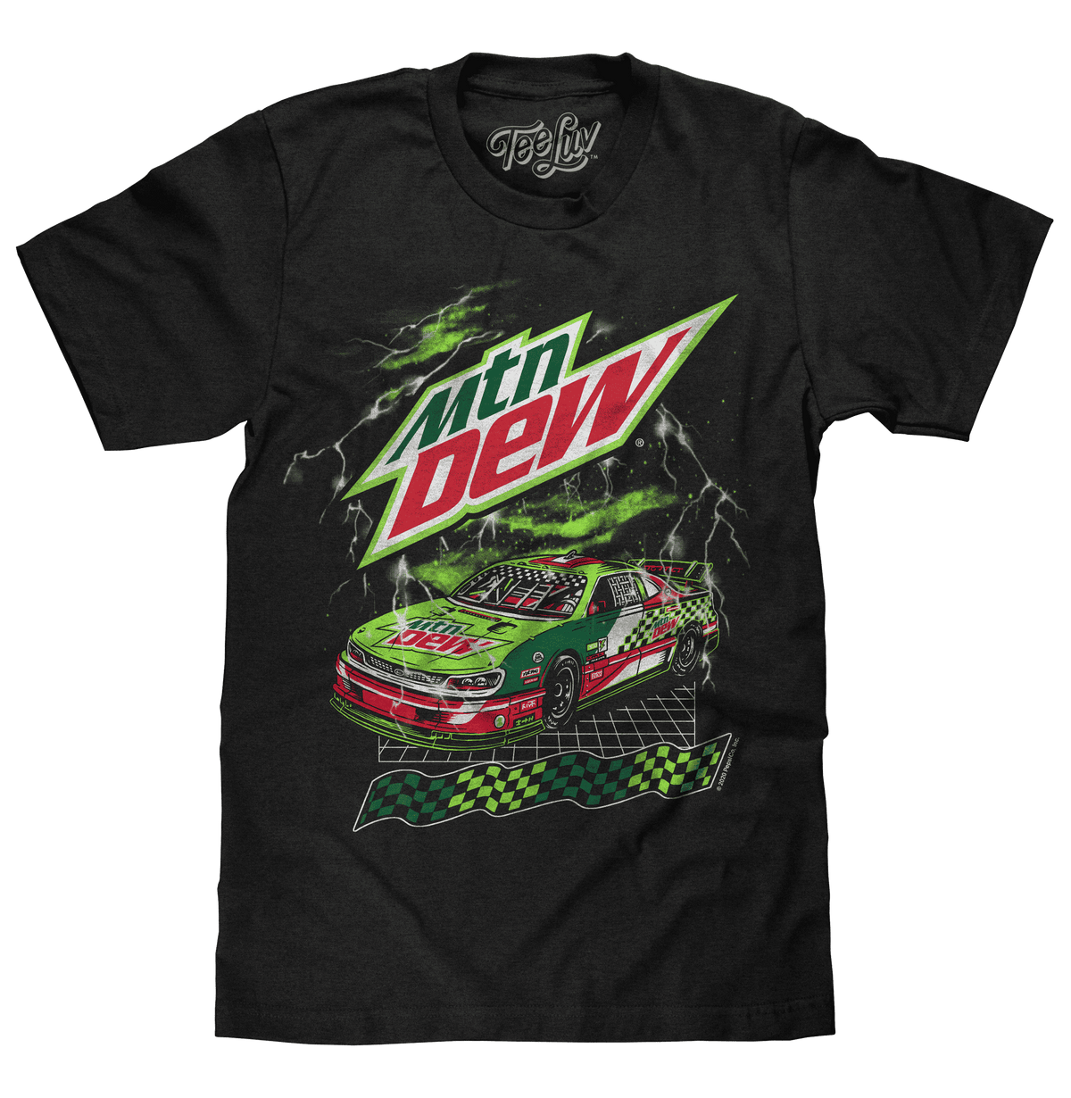 Black T-shirt with bold MtN Dew race car graphic and checkered stripe at chest