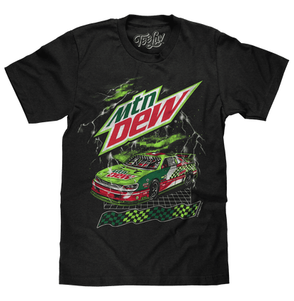 Black T-shirt with bold MtN Dew race car graphic and checkered stripe at chest