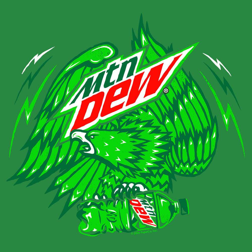 Green Mt. Dew logo and eagle graphic print on T-shirt