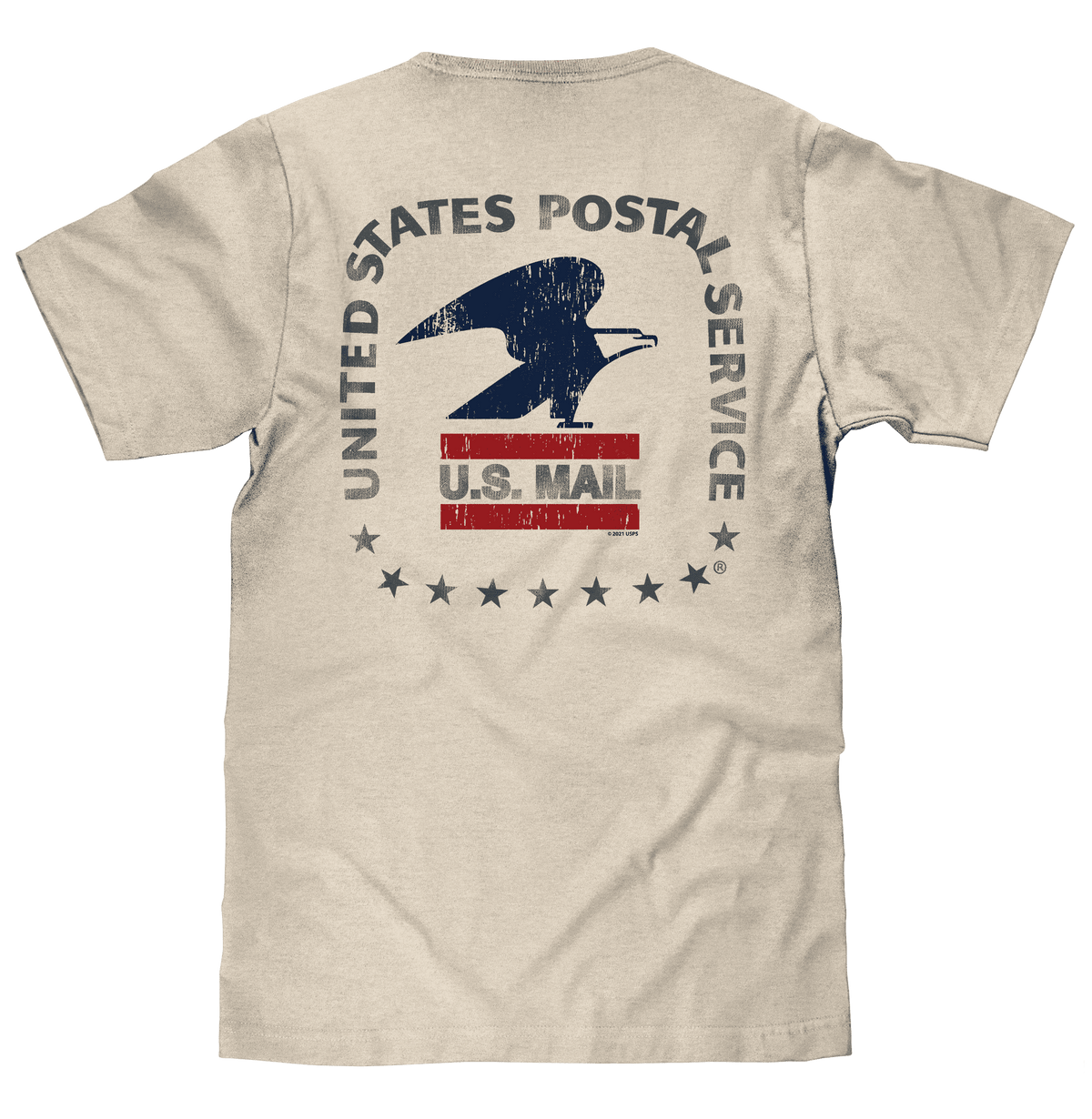 Cream crewneck T-shirt with large USPS eagle graphic on the back.