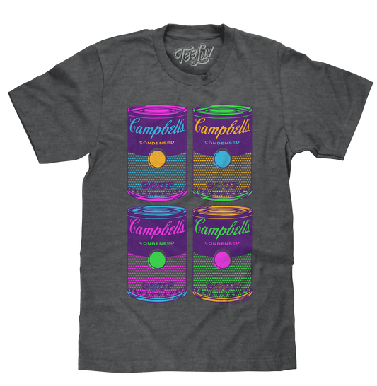 Heather charcoal T-shirt with four pop-art condensed soup can graphics
