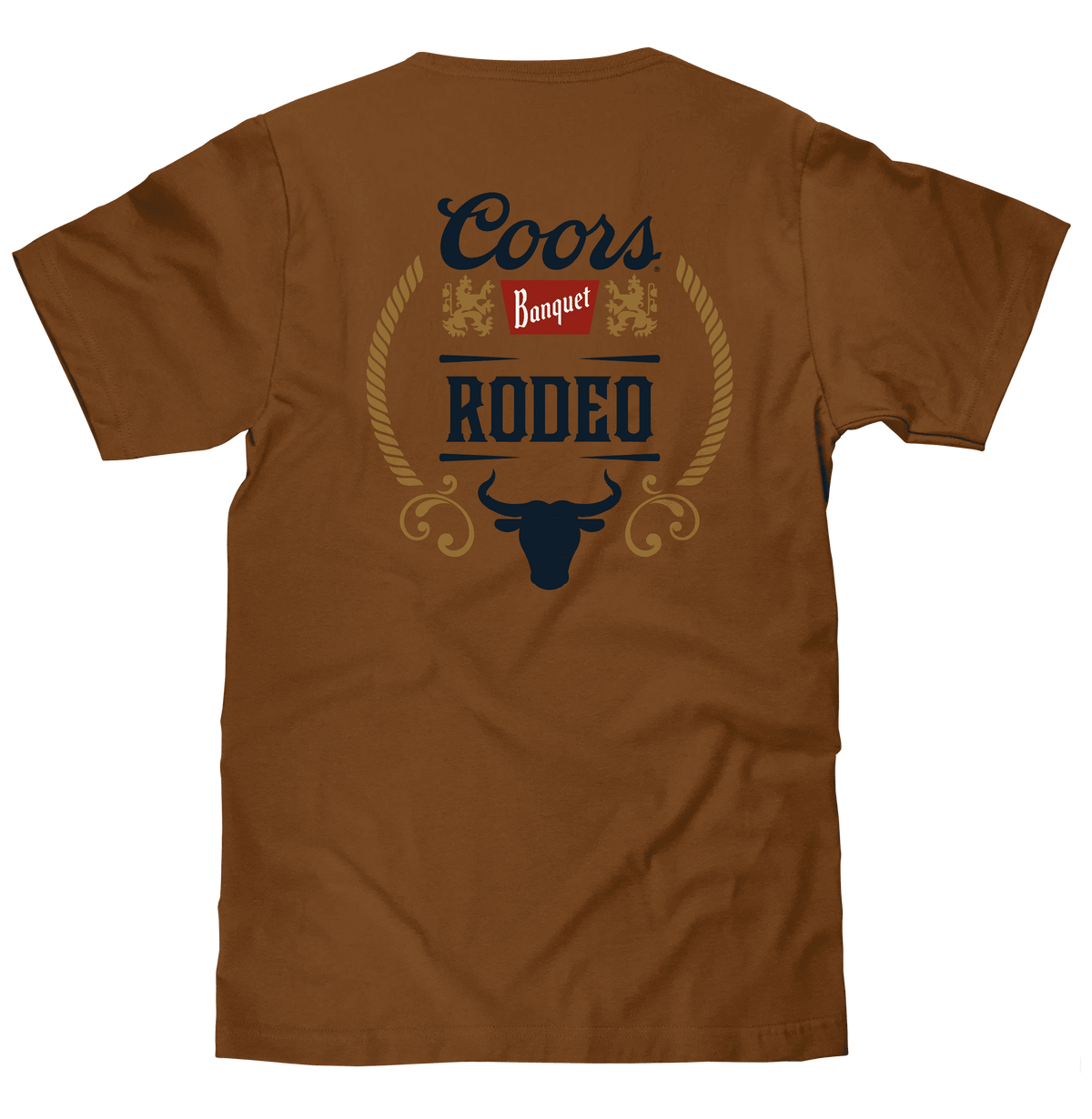 Brown cotton T-shirt with large Coors Banquet Rodeo bull graphic.