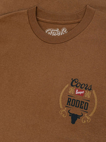 Brown cotton T-shirt, TeeLuv neck label and small Coors Rodeo emblem.