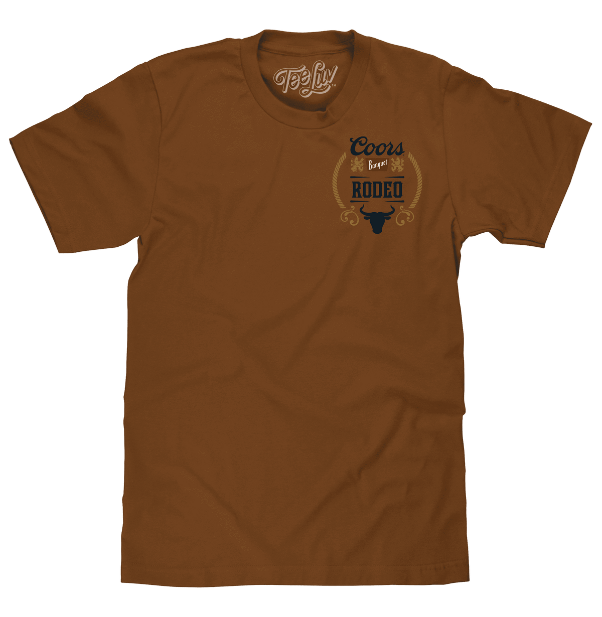 Brown cotton T-shirt with Coors Banquet Rodeo graphic on front.