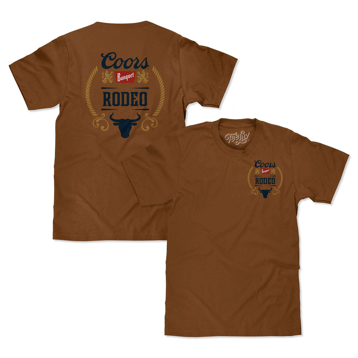 Two brown cotton Coors Rodeo T-shirts with front graphics and TeeLuv label.