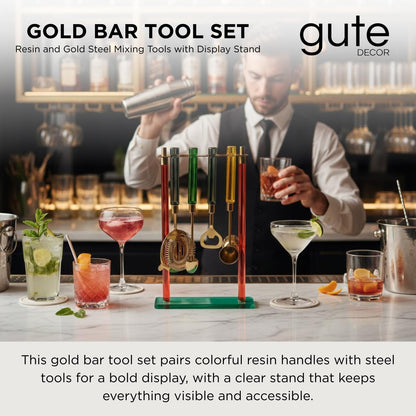 5-Piece Gold Bartender Kit with Stand | Colorful Resin Handles | Gold-Finished Steel | Gift-Ready