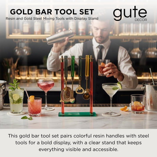 5-Piece Gold Bartender Kit with Stand | Colorful Resin Handles | Gold-Finished Steel | Gift-Ready