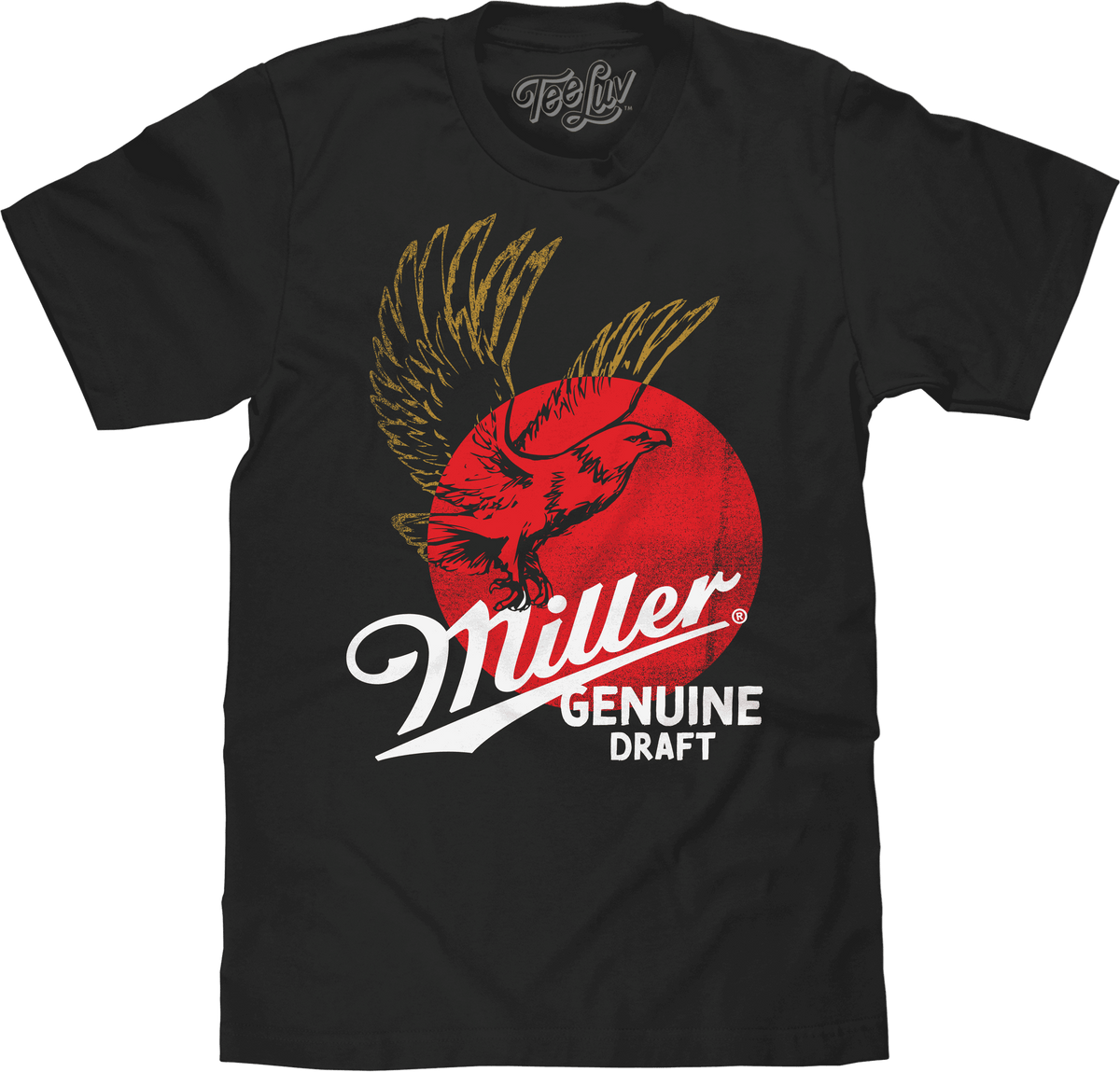Black T-shirt with Miller Genuine Draft eagle graphic in red and yellow