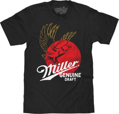 Black T-shirt with Miller Genuine Draft eagle graphic in red and yellow