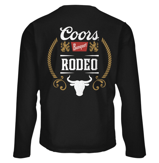 Black long-sleeve T-shirt with back Coors Banquet Rodeo crest