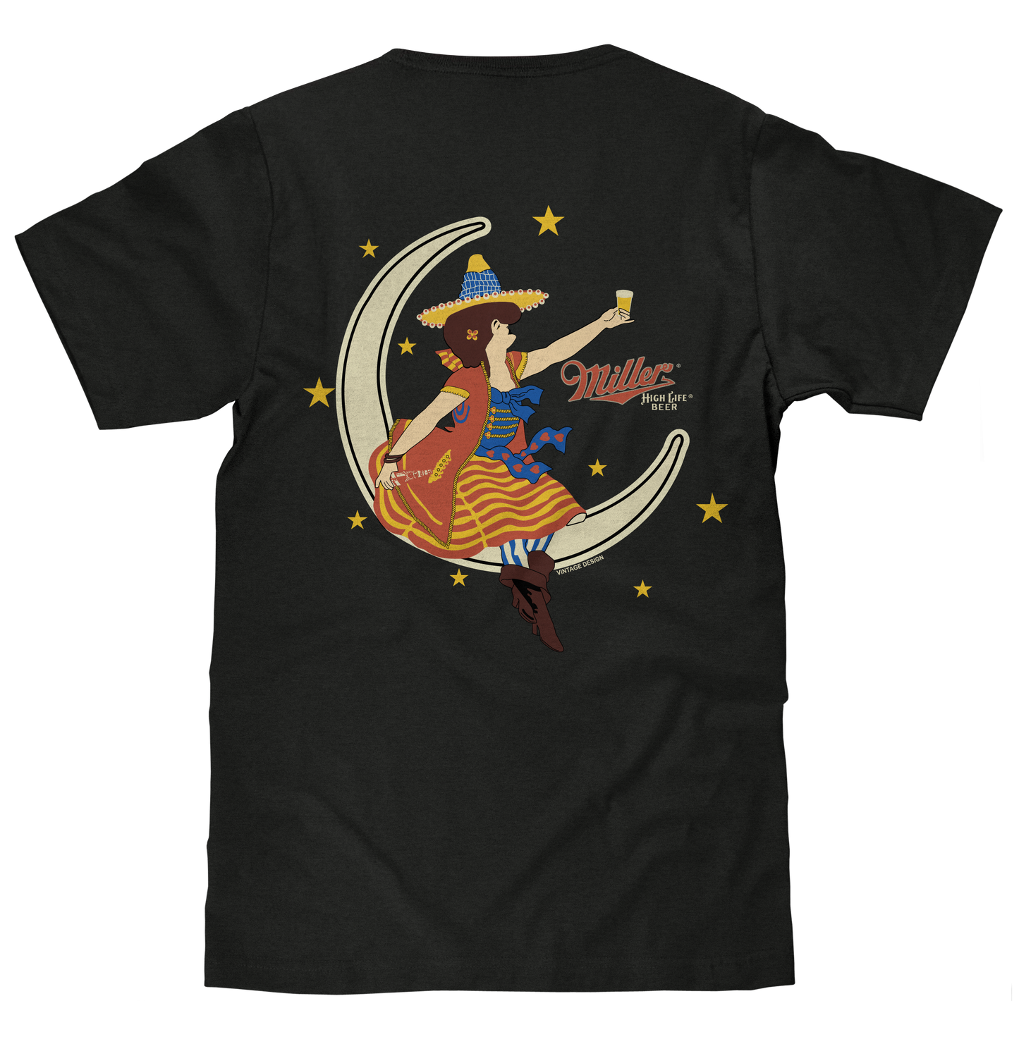 Miller High Life "Girl in the Moon" T-Shirt | Double-Sided Logo | Vintage Black