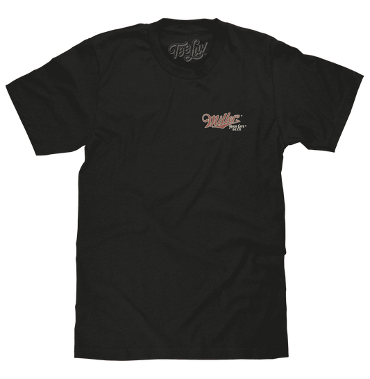 Black Miller High Life T-shirt with small “Miller High Life Beer” chest logo