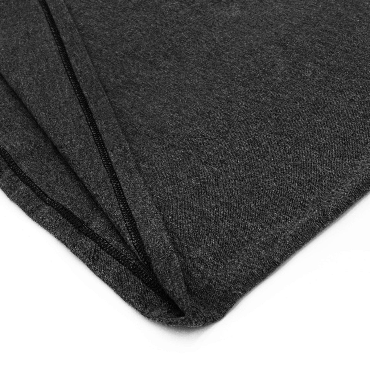 Charcoal T-shirt sleeve and side seam stitching close-up