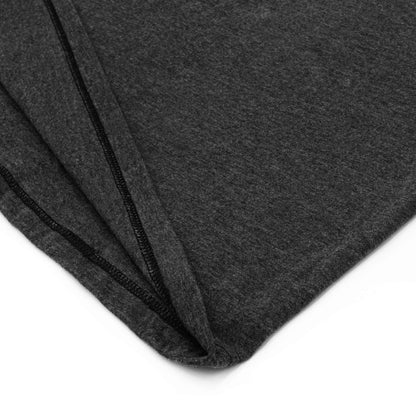 Charcoal T-shirt sleeve and side seam stitching close-up