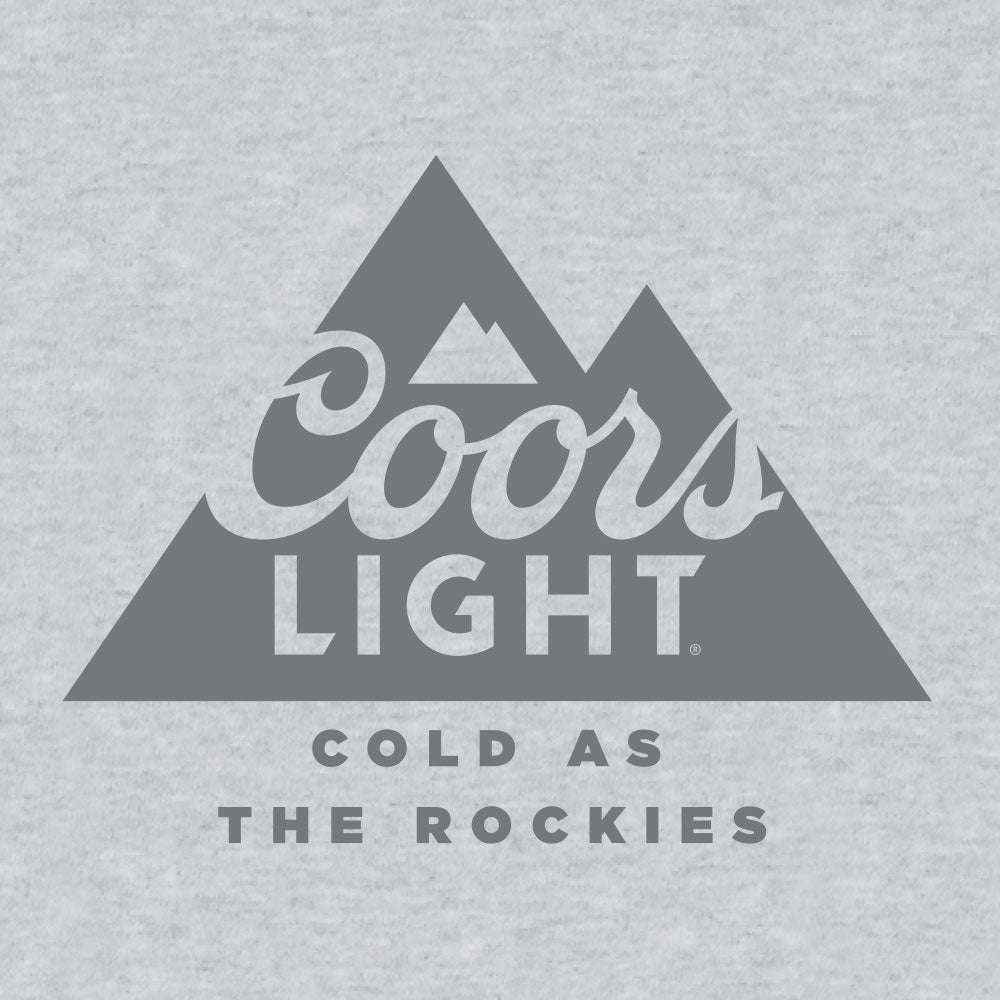 Heather gray Coors Light t-shirt with close-up of mountain logo and “COLD AS THE ROCKIES”